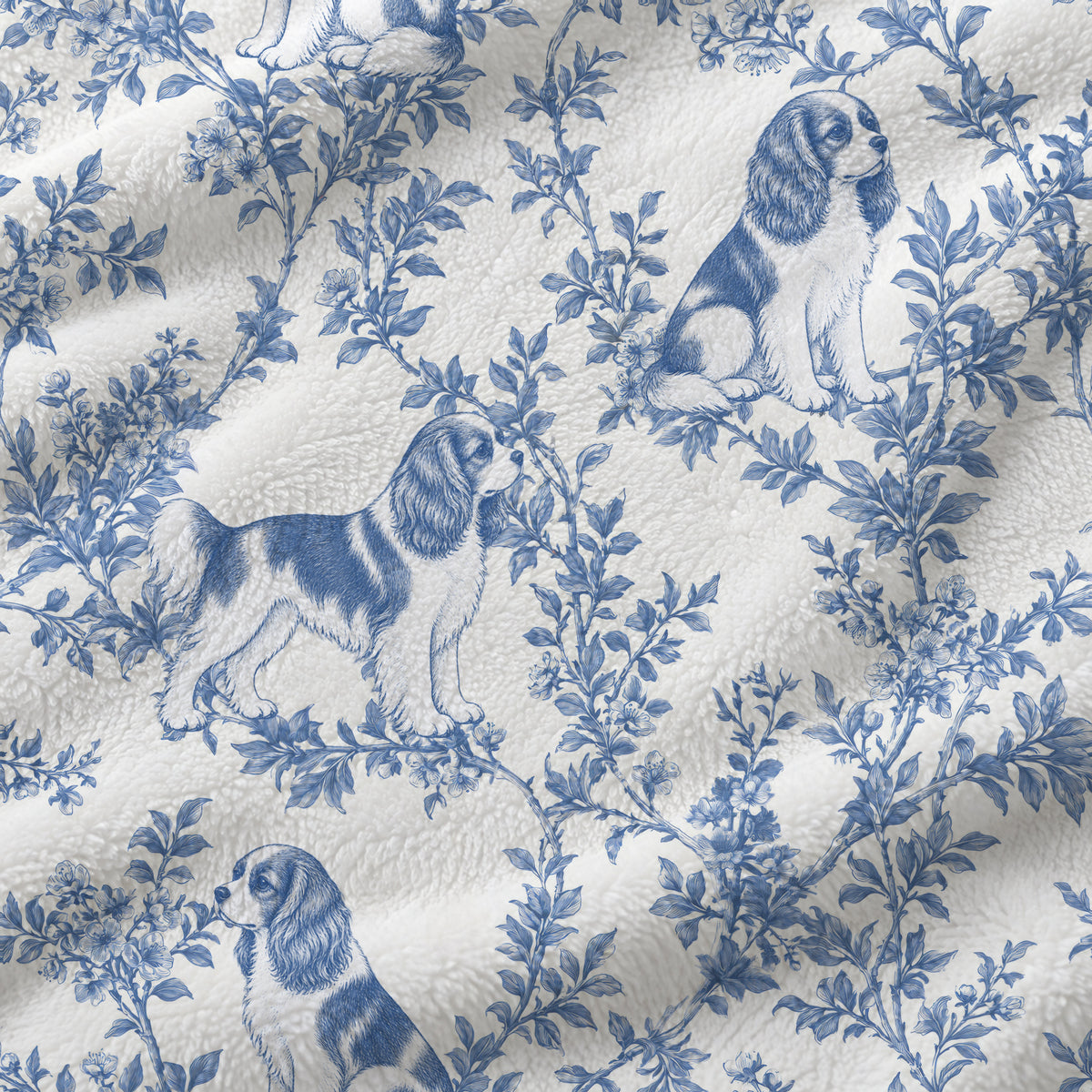 Cavalier King Charles Spaniel toile de Jouy blanket - Blue Blanket Fabric Closeup