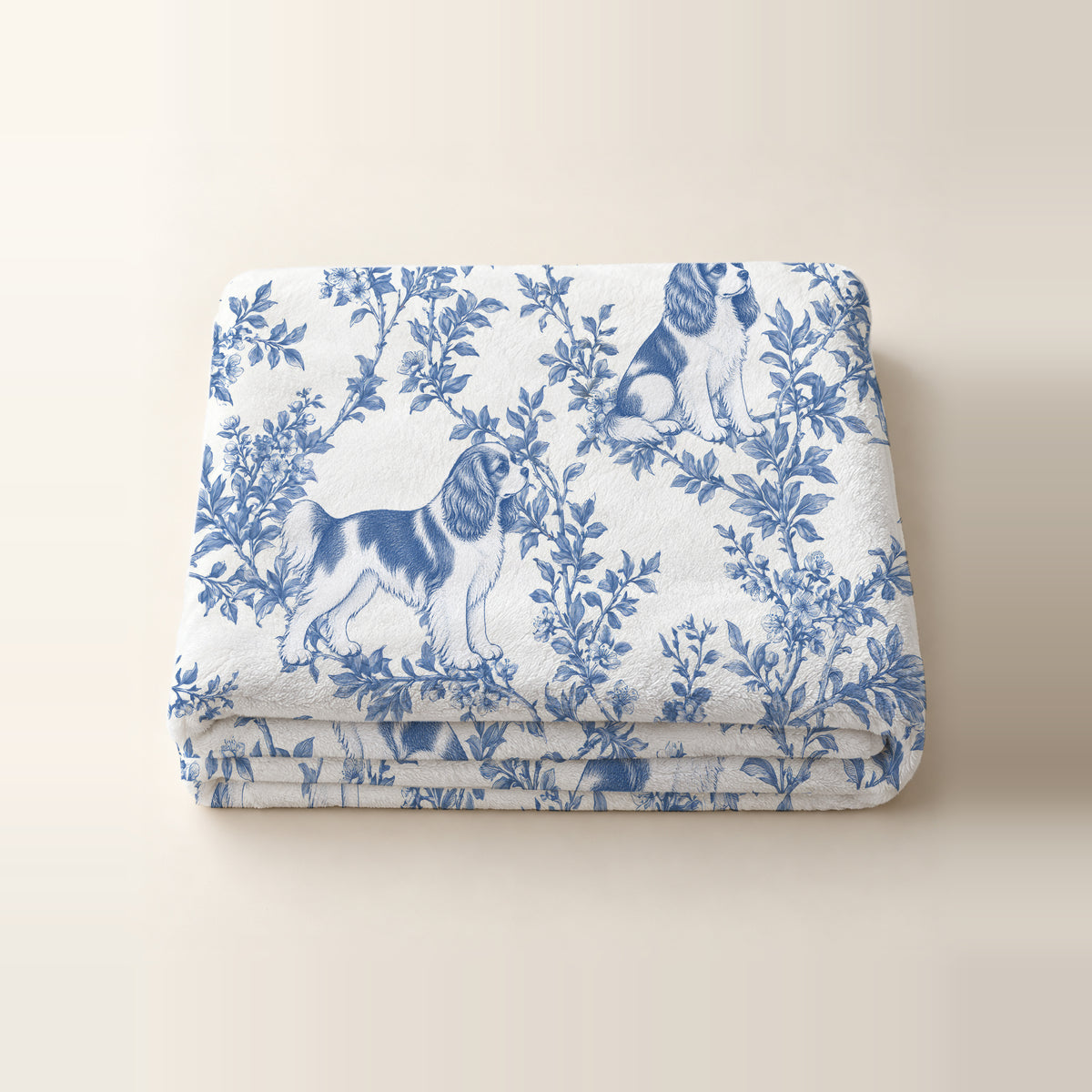 Cavalier King Charles Spaniel toile de Jouy blanket - Blue Blanket Folded Studio
