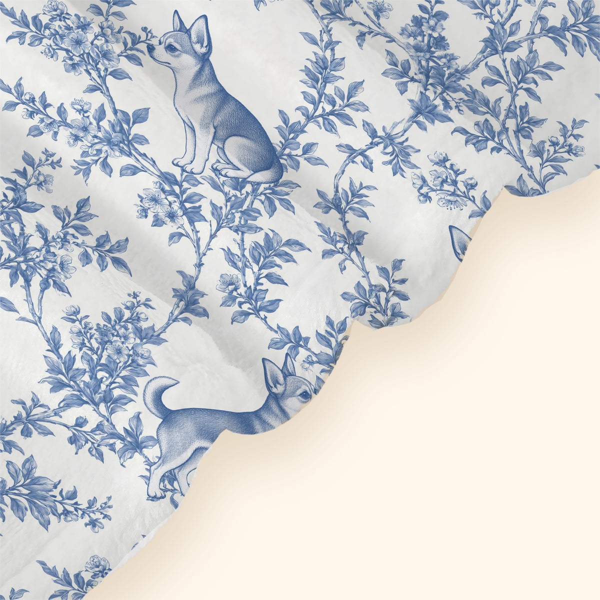 Chihuahua toile de Jouy blanket - Blue Blanket Hem Closeup