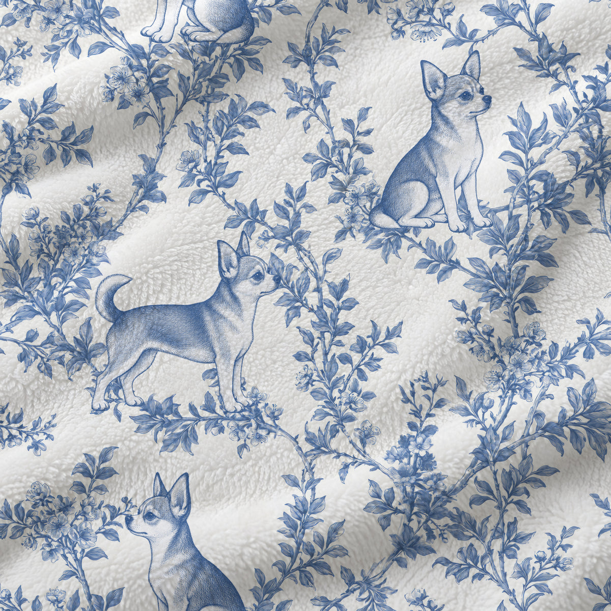 Chihuahua toile de Jouy blanket - Blue Blanket Fabric Closeup