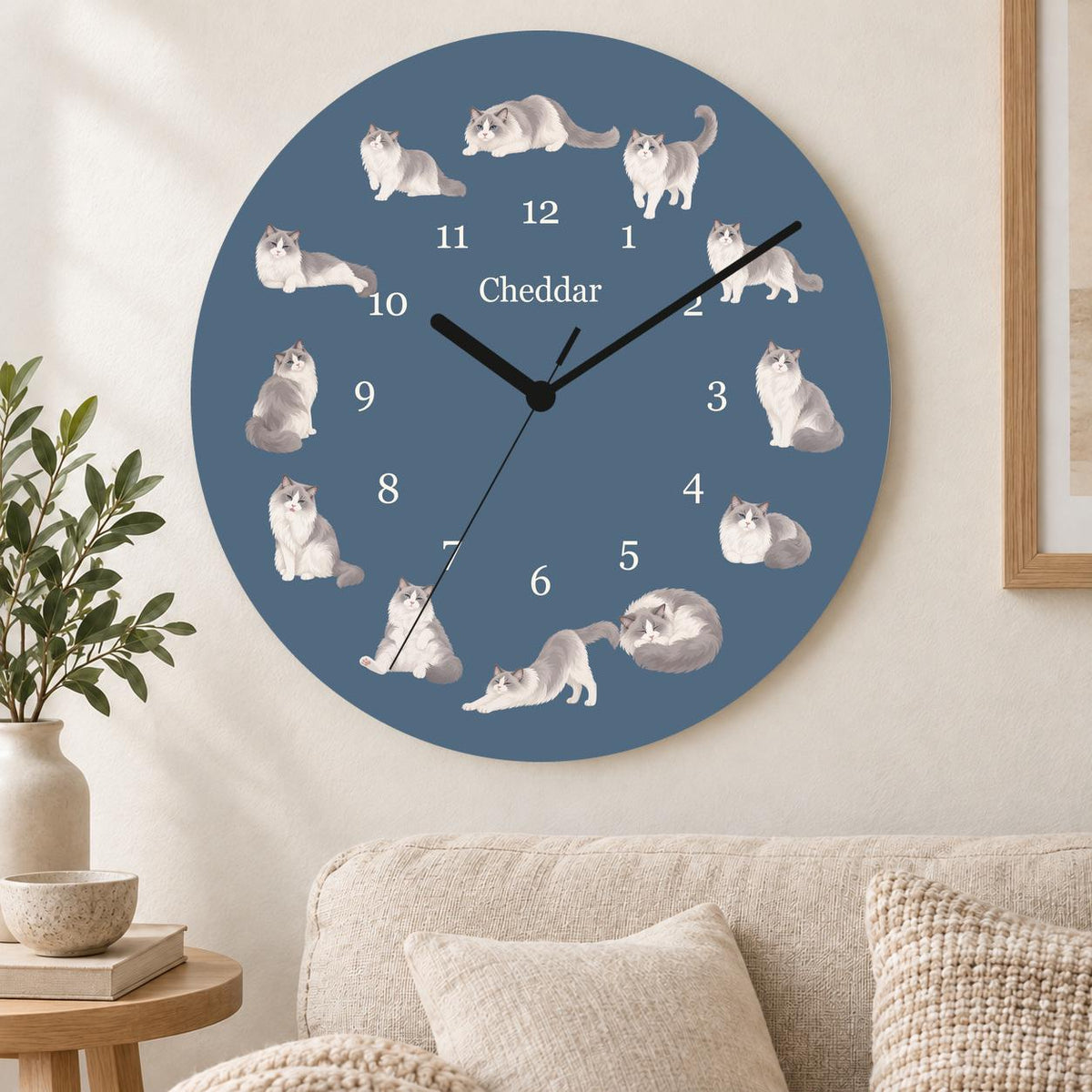 Personalized Ragdoll Cat wooden wall clock with example name Cheddar; living room