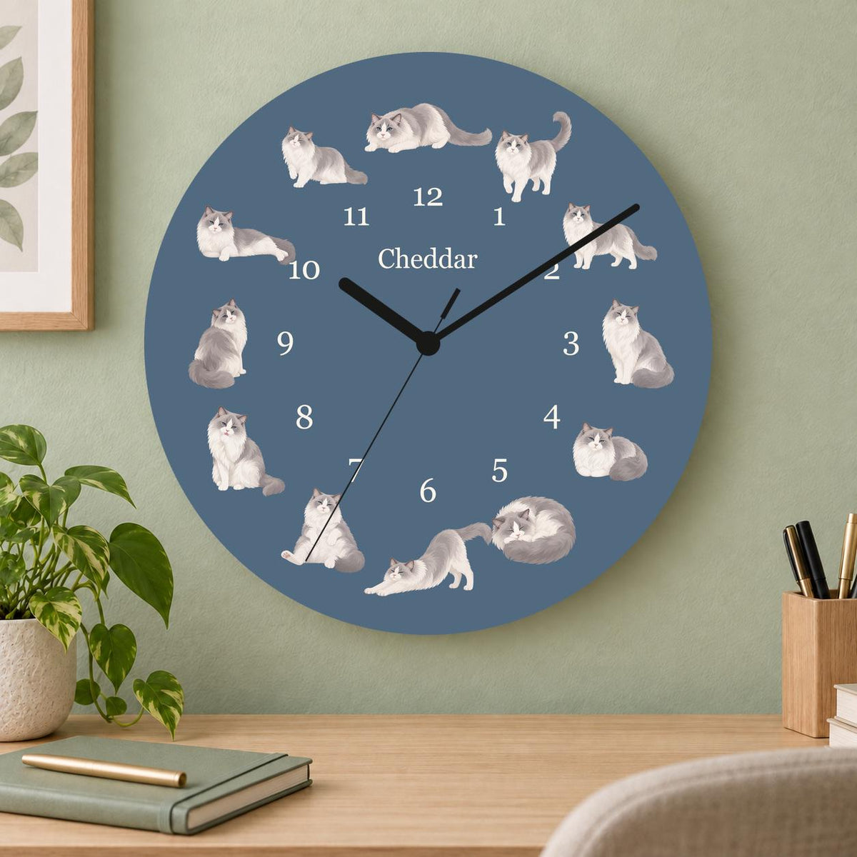 Personalized Ragdoll Cat wooden wall clock with example name Cheddar; home office