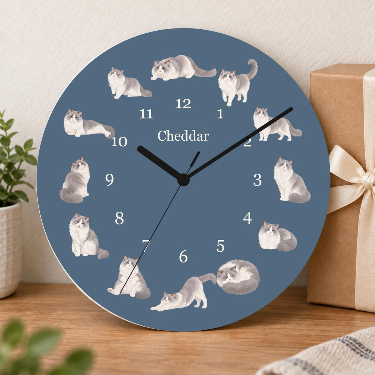 Personalized Ragdoll Cat wooden wall clock with example name Cheddar; gift