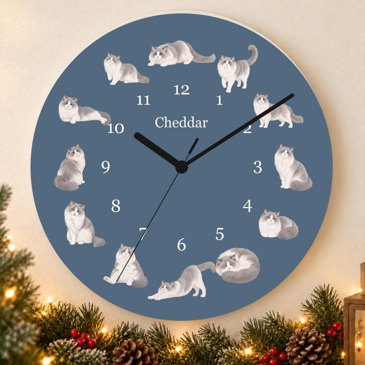 Personalized Ragdoll Cat wooden wall clock with example name Cheddar; holiday