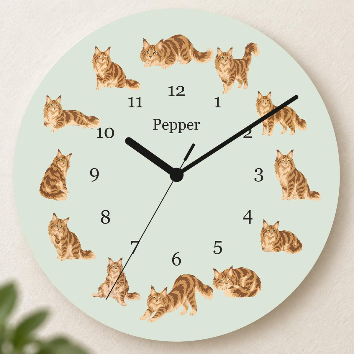Personalized Maine Coon Cat wooden wall clock with example name Pepper; hero