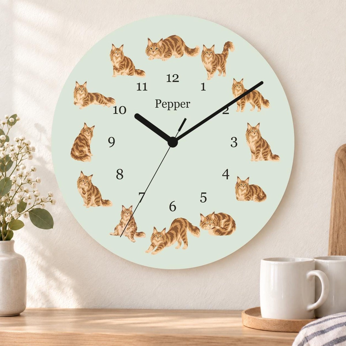 Personalized Maine Coon Cat wooden wall clock with example name Pepper; kitchen