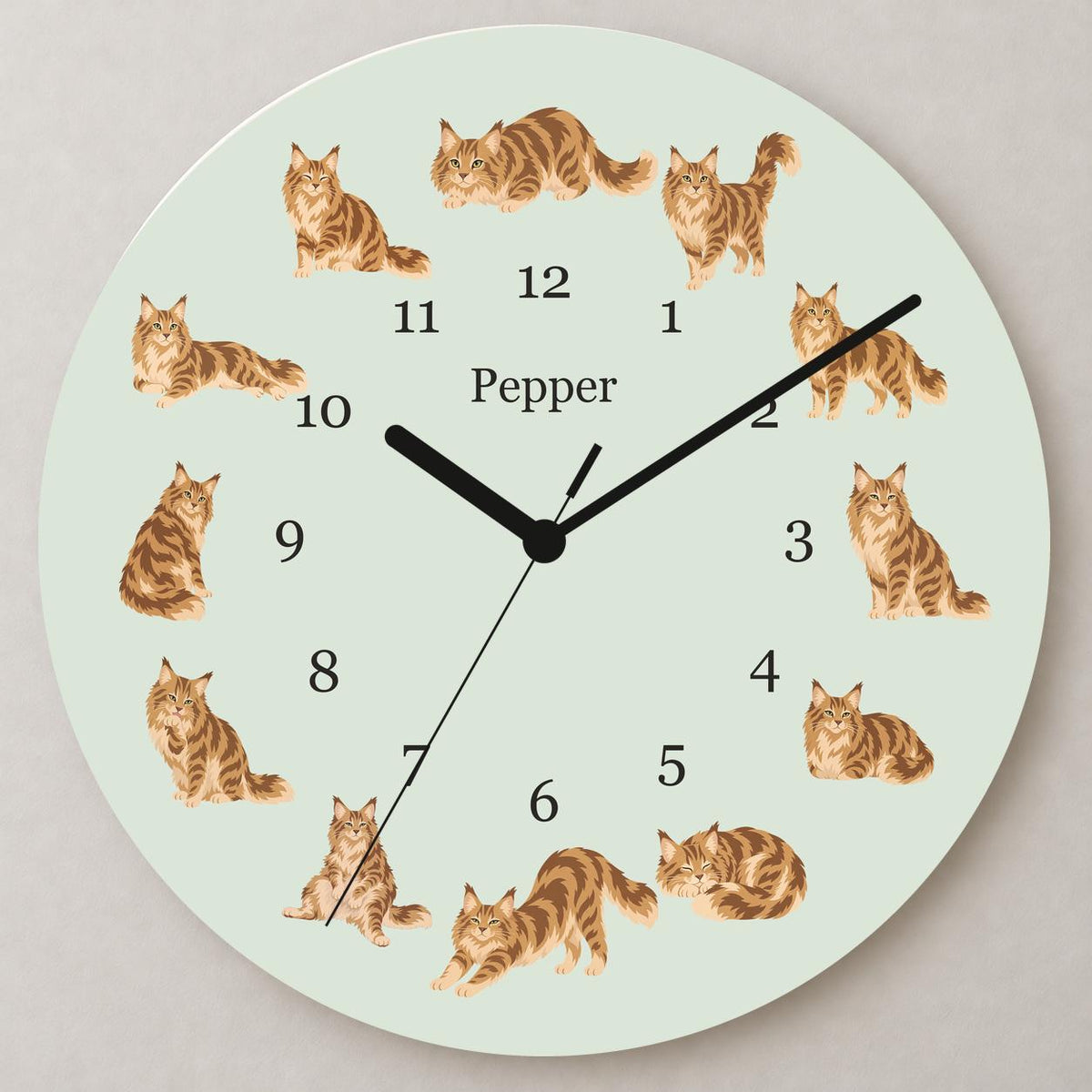 Personalized Maine Coon Cat wooden wall clock with example name Pepper; close up