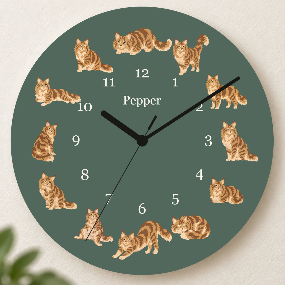 Personalized Maine Coon Cat Wall Clock, Custom Pet Name, 11.6 Inch Wooden Clock — Deep Sage background