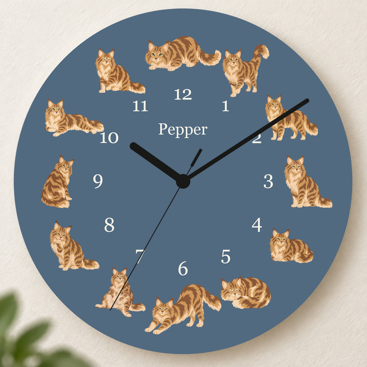 Personalized Maine Coon Cat Wall Clock, Custom Pet Name, 11.6 Inch Wooden Clock — Muted Denim background