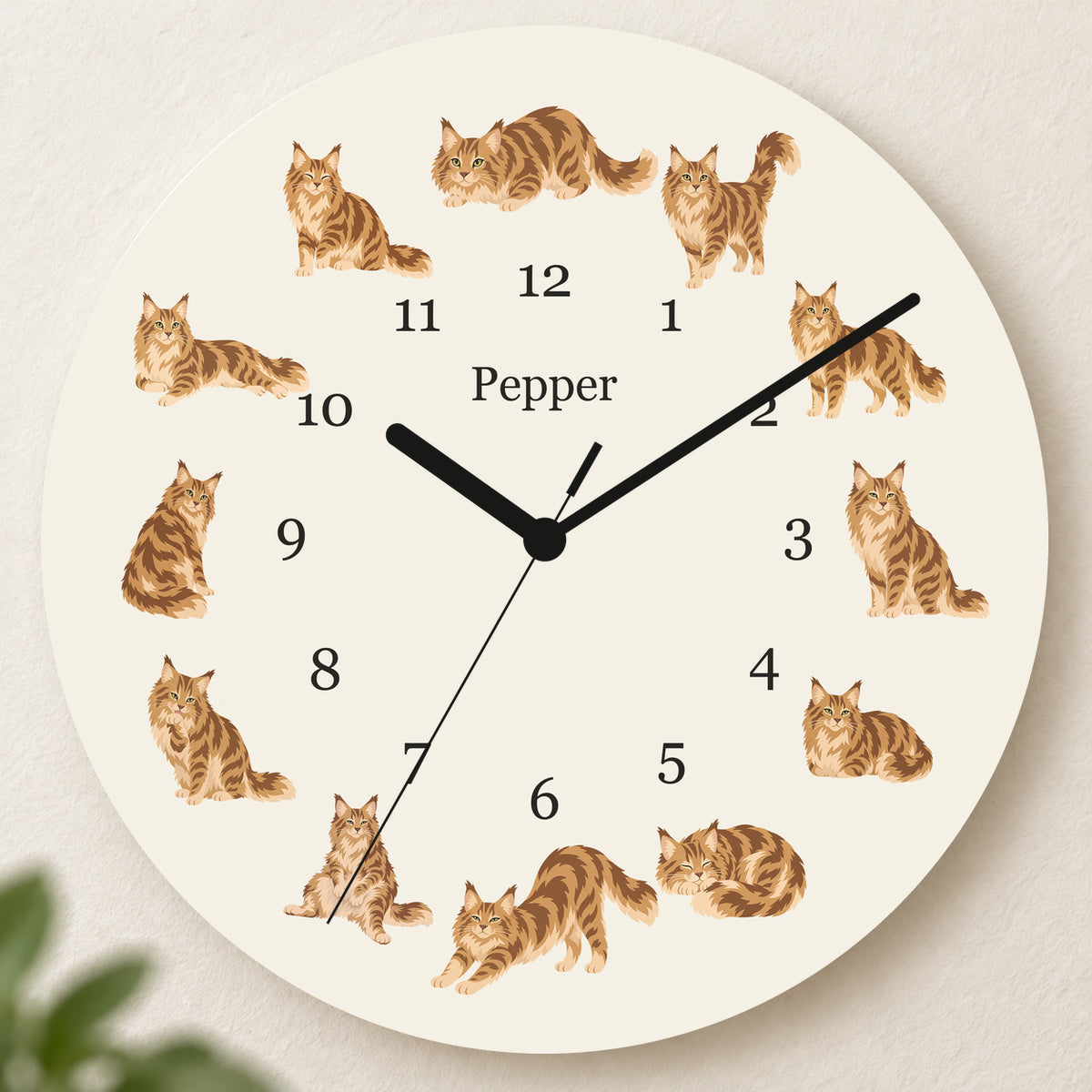Personalized Maine Coon Cat Wall Clock, Custom Pet Name, 11.6 Inch Wooden Clock — Warm Ivory background