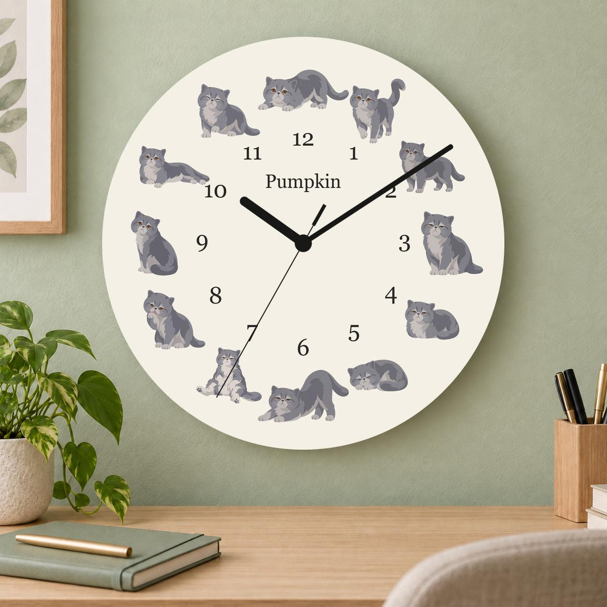 Personalized Exotic Shorthair Cat wooden wall clock with example name Pumpkin; home office