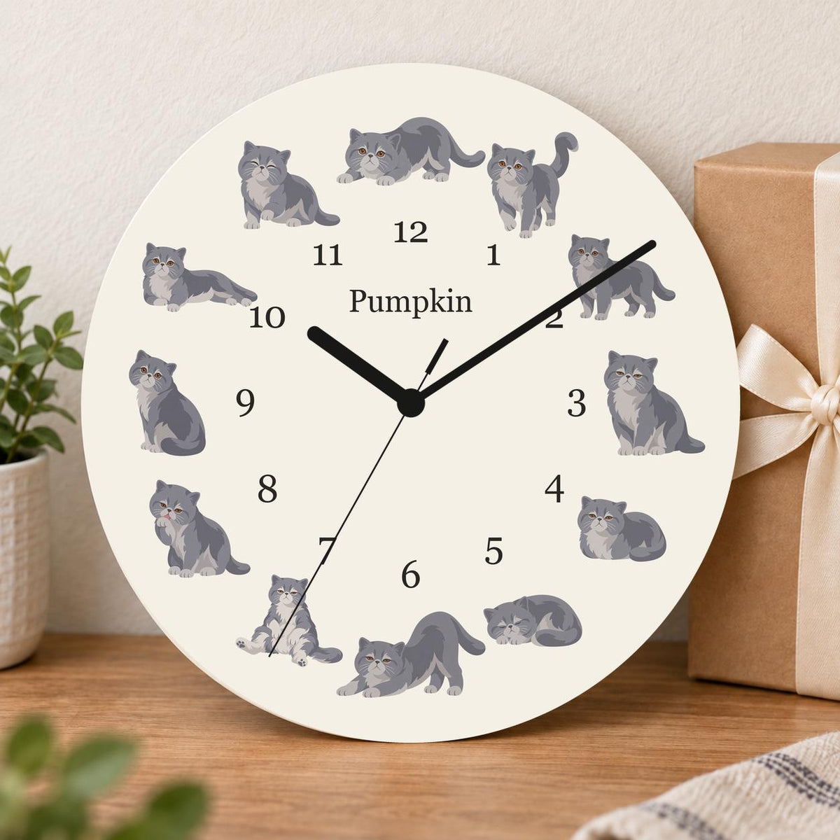 Personalized Exotic Shorthair Cat wooden wall clock with example name Pumpkin; gift