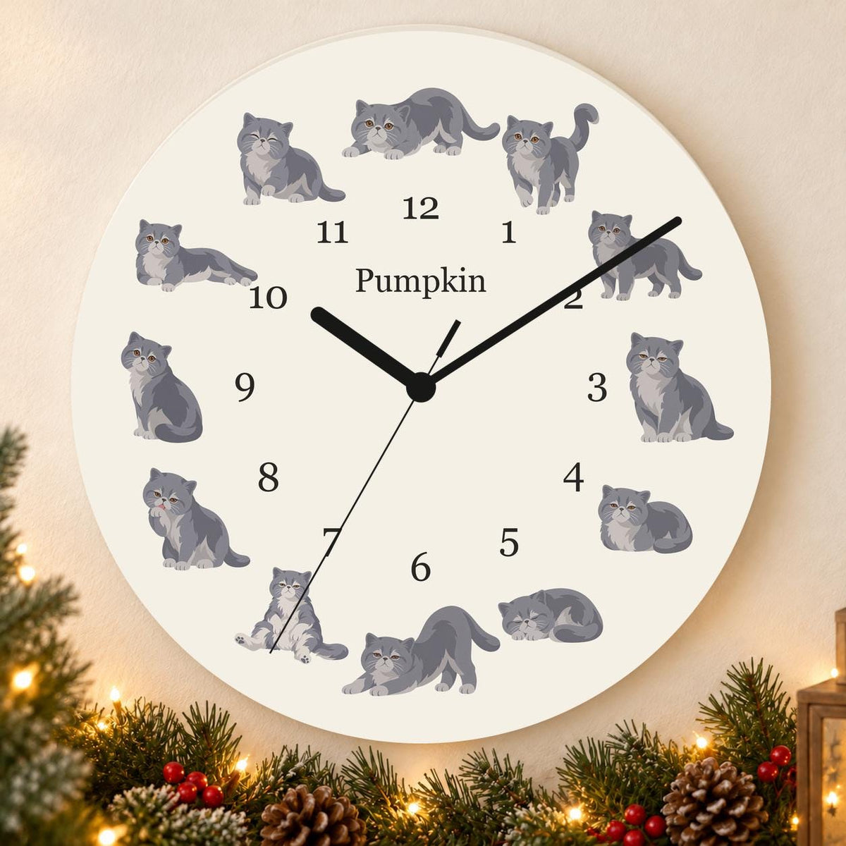 Personalized Exotic Shorthair Cat wooden wall clock with example name Pumpkin; holiday