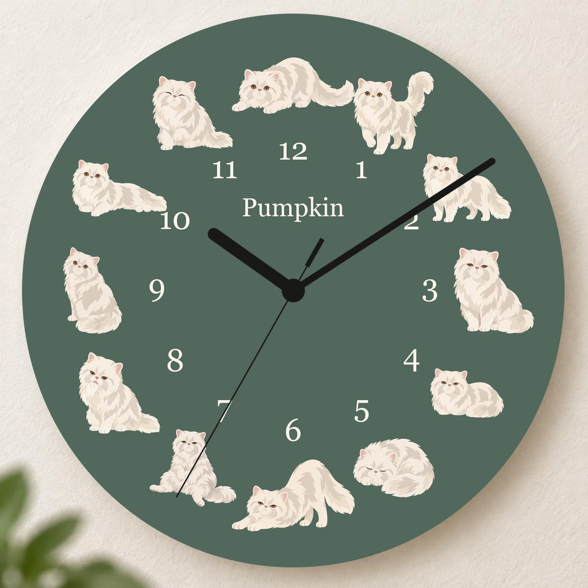 Personalized Persian Cat wooden wall clock with example name Pumpkin; hero