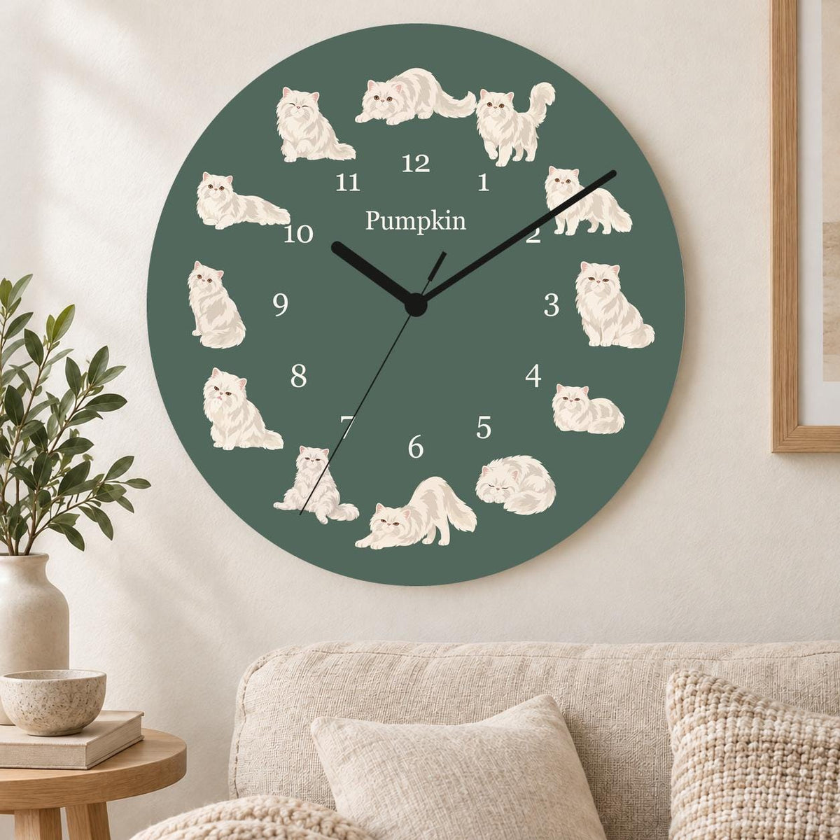 Personalized Persian Cat wooden wall clock with example name Pumpkin; living room
