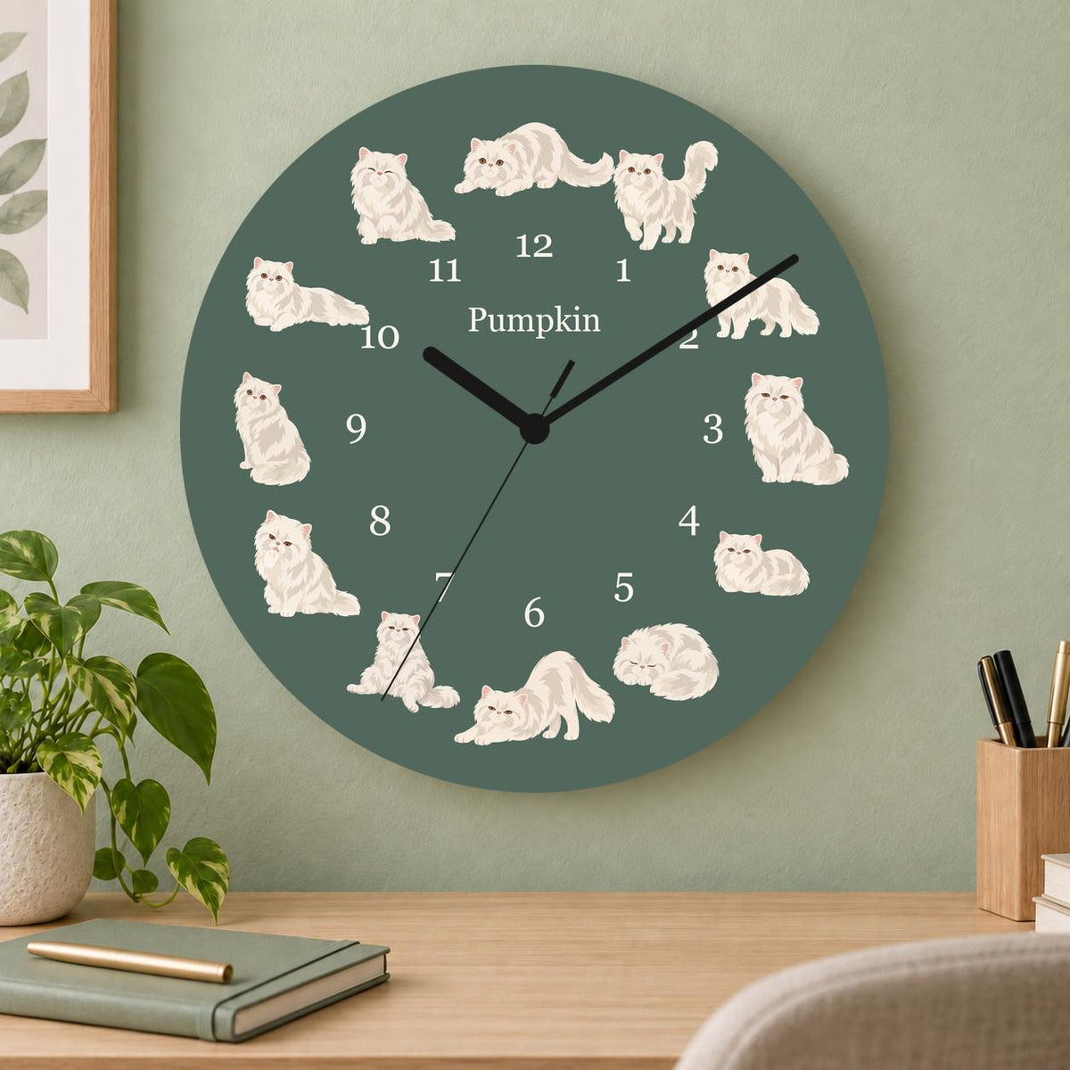 Personalized Persian Cat wooden wall clock with example name Pumpkin; home office