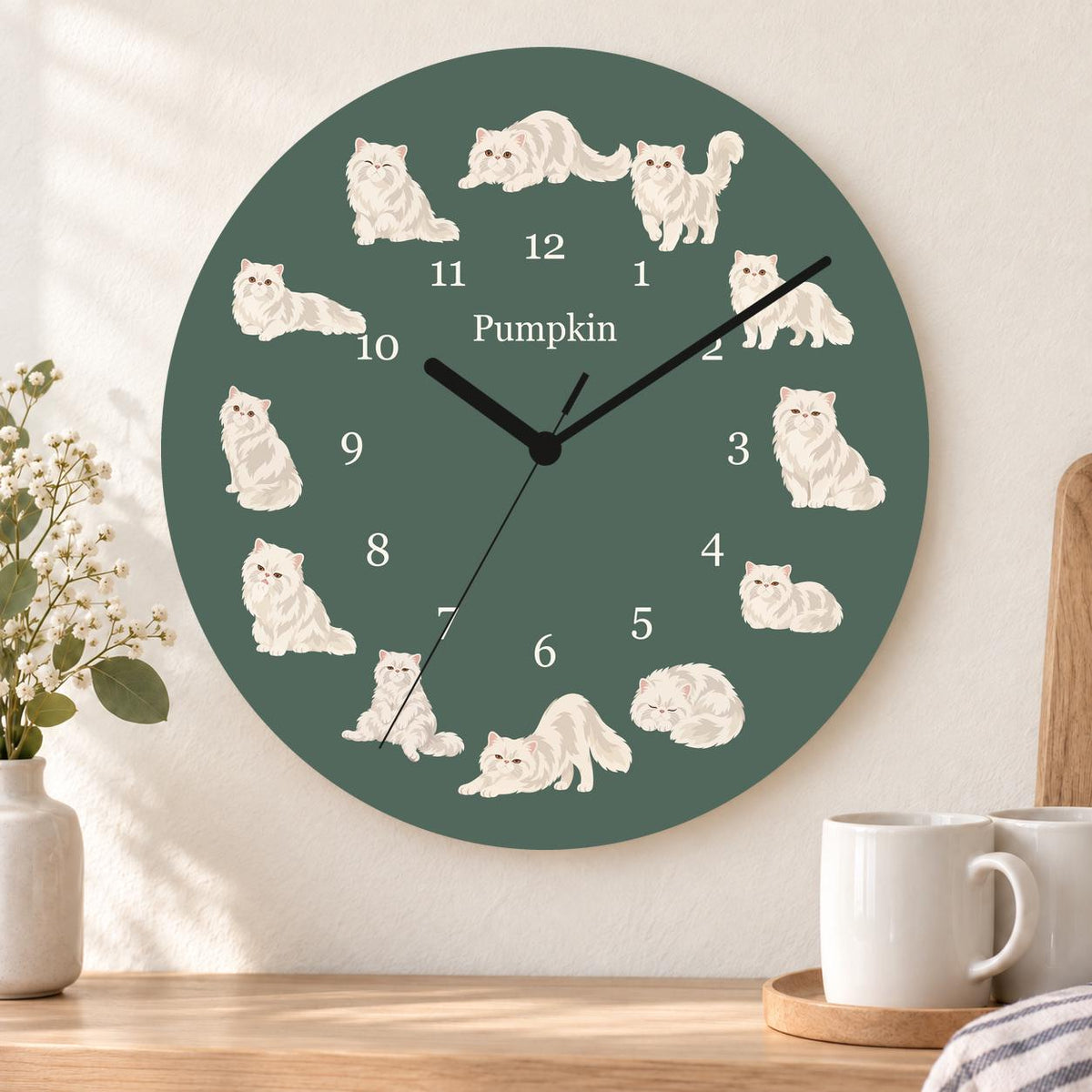 Personalized Persian Cat wooden wall clock with example name Pumpkin; kitchen