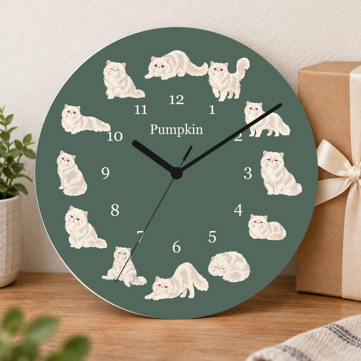 Personalized Persian Cat wooden wall clock with example name Pumpkin; gift