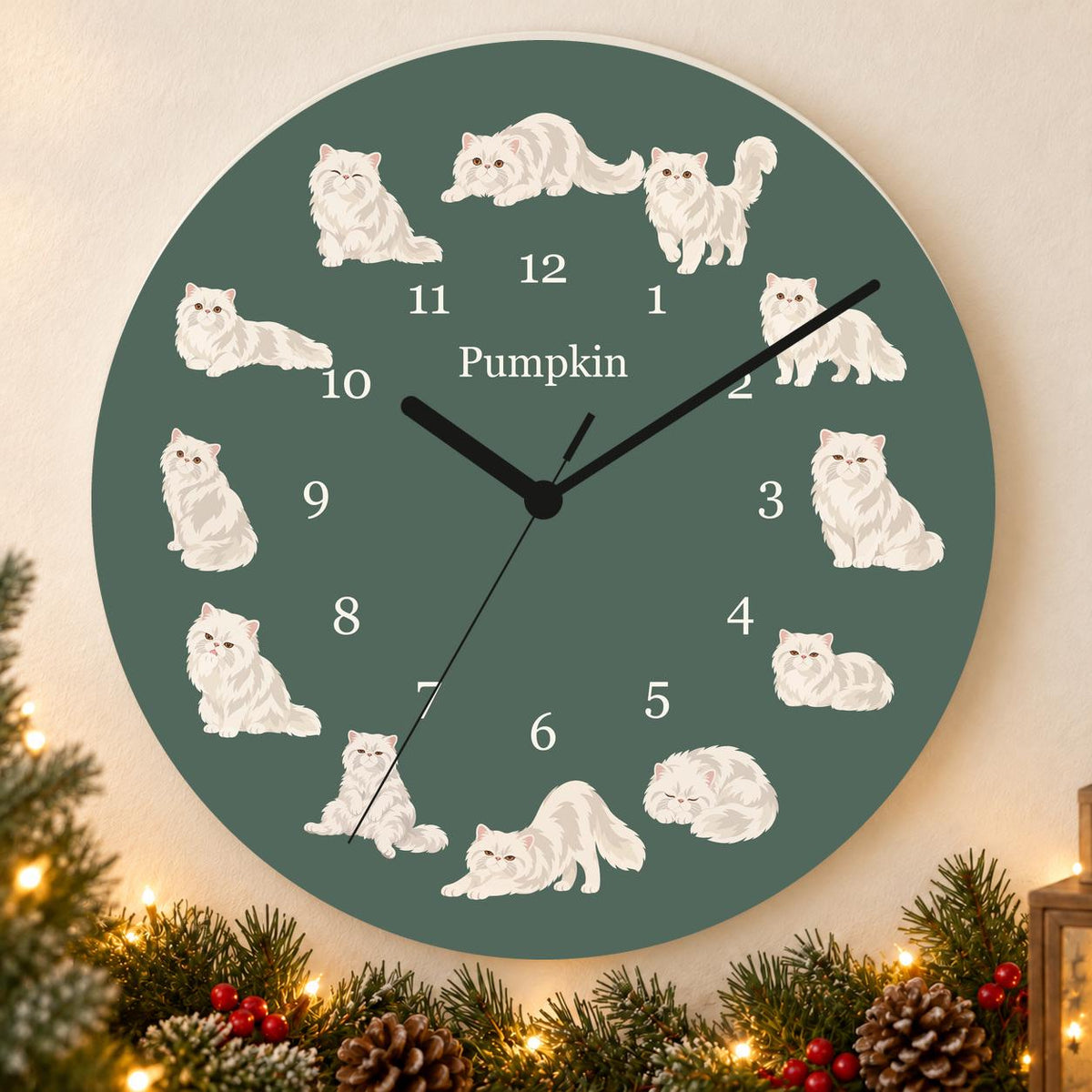 Personalized Persian Cat wooden wall clock with example name Pumpkin; holiday
