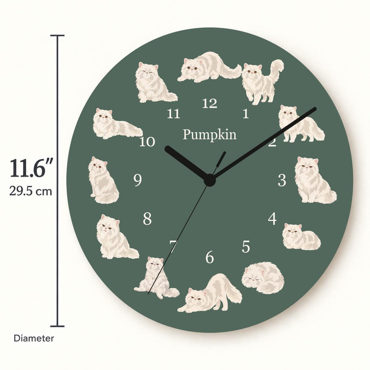 Personalized Persian Cat wooden wall clock with example name Pumpkin; size