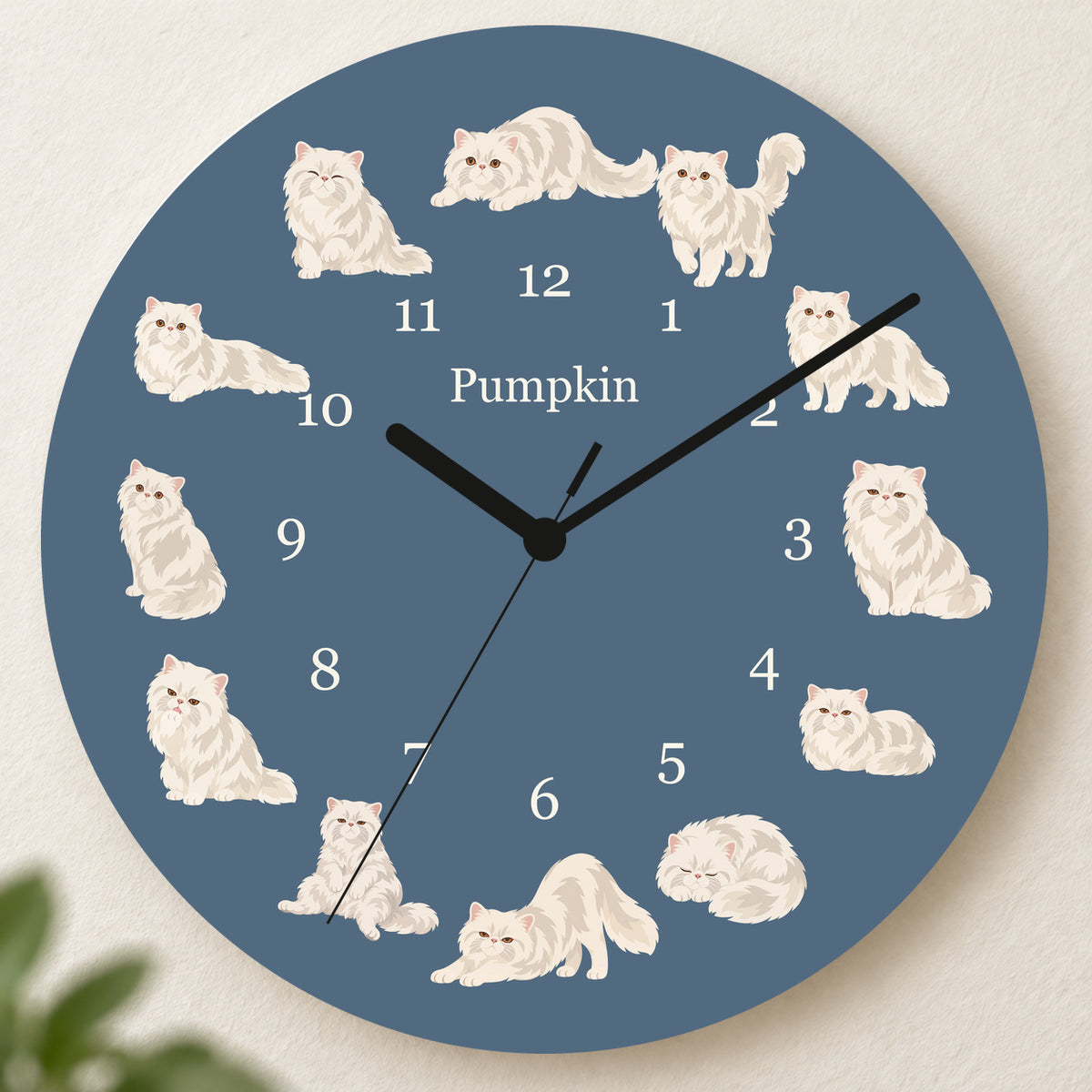 Personalized Persian Cat Wall Clock, Custom Pet Name, 11.6 Inch Wooden Clock — Muted Denim background