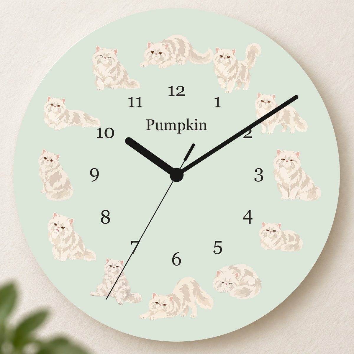 Personalized Persian Cat Wall Clock, Custom Pet Name, 11.6 Inch Wooden Clock — Pale Sage background