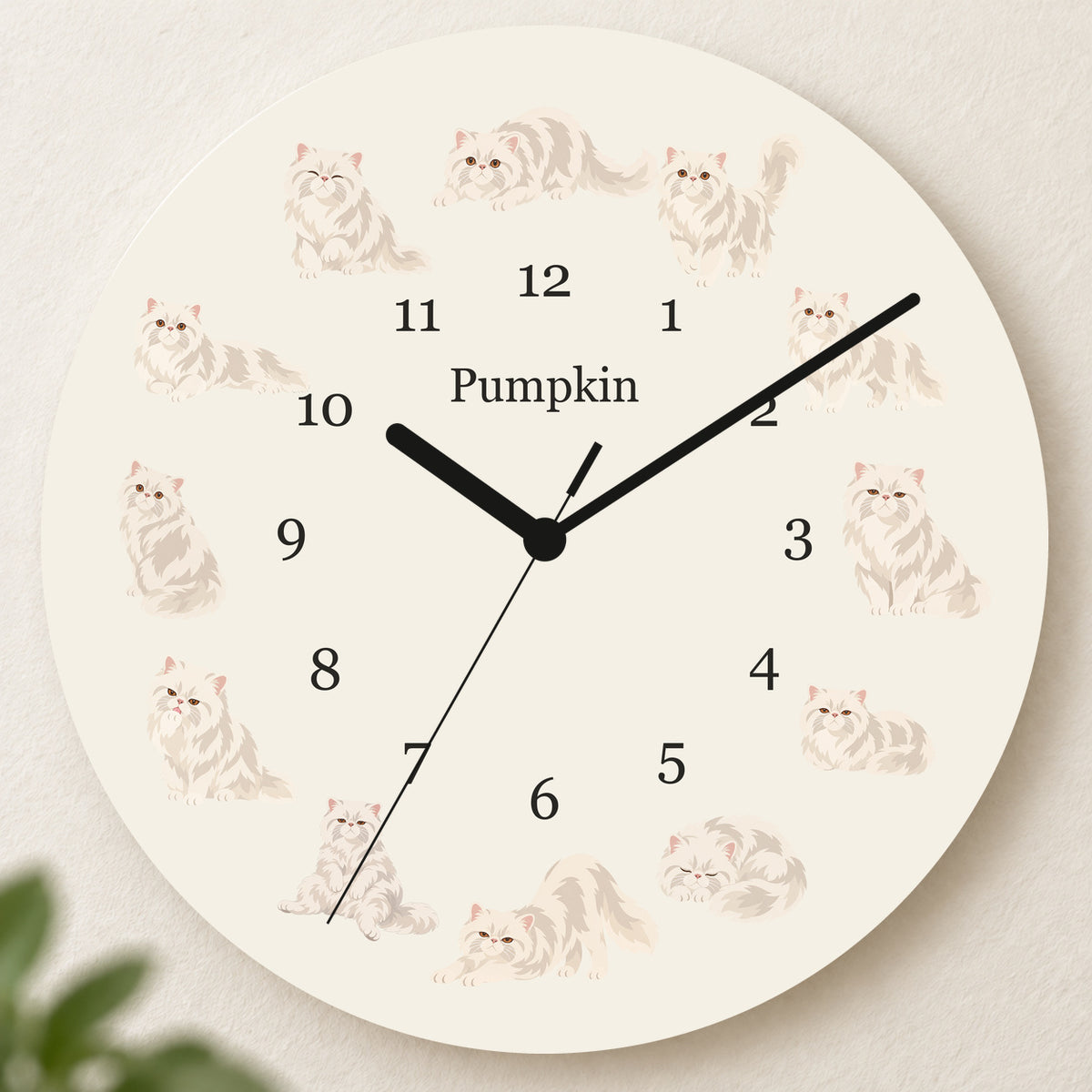 Personalized Persian Cat Wall Clock, Custom Pet Name, 11.6 Inch Wooden Clock — Warm Ivory background