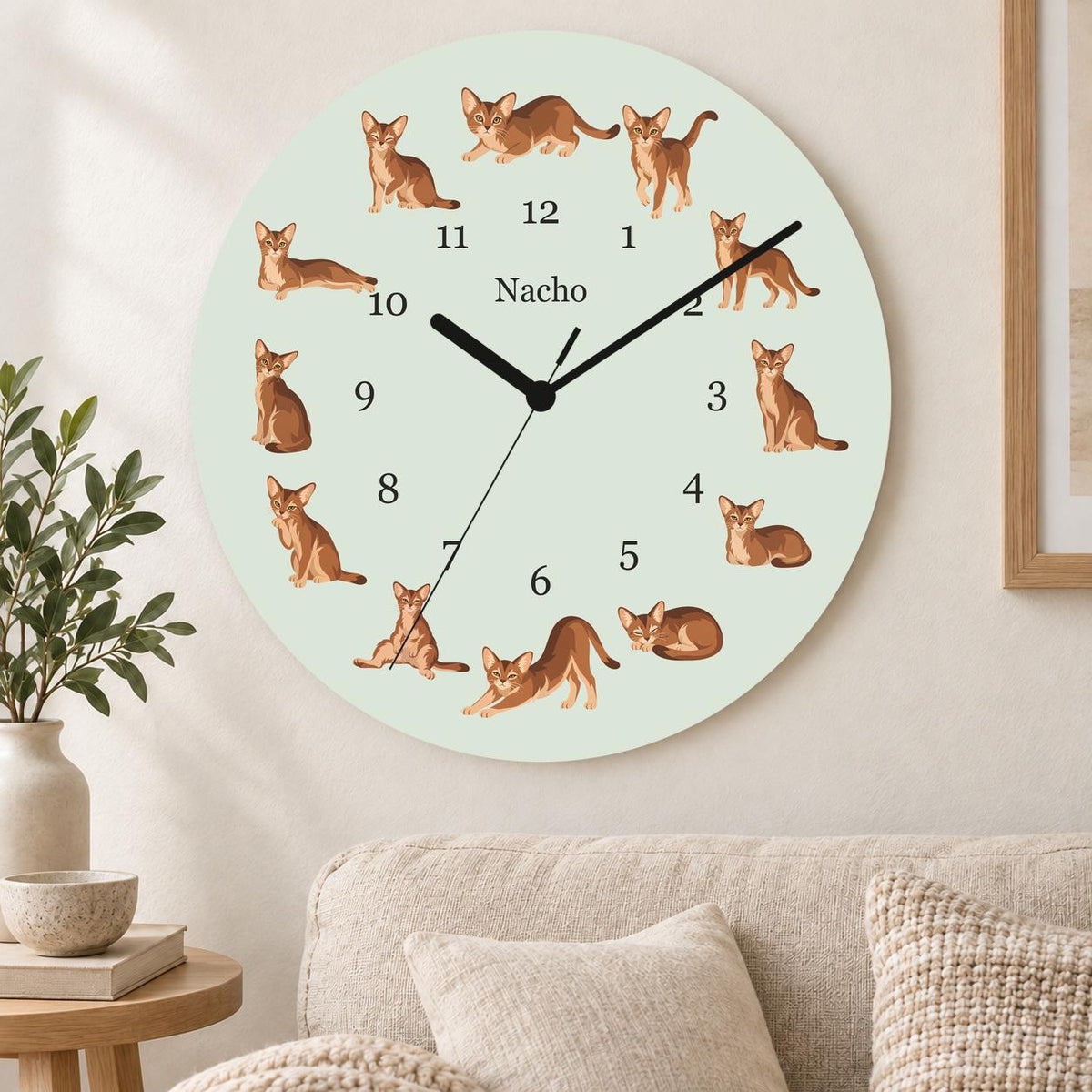 Personalized Abyssinian Cat wooden wall clock with example name Nacho; living room