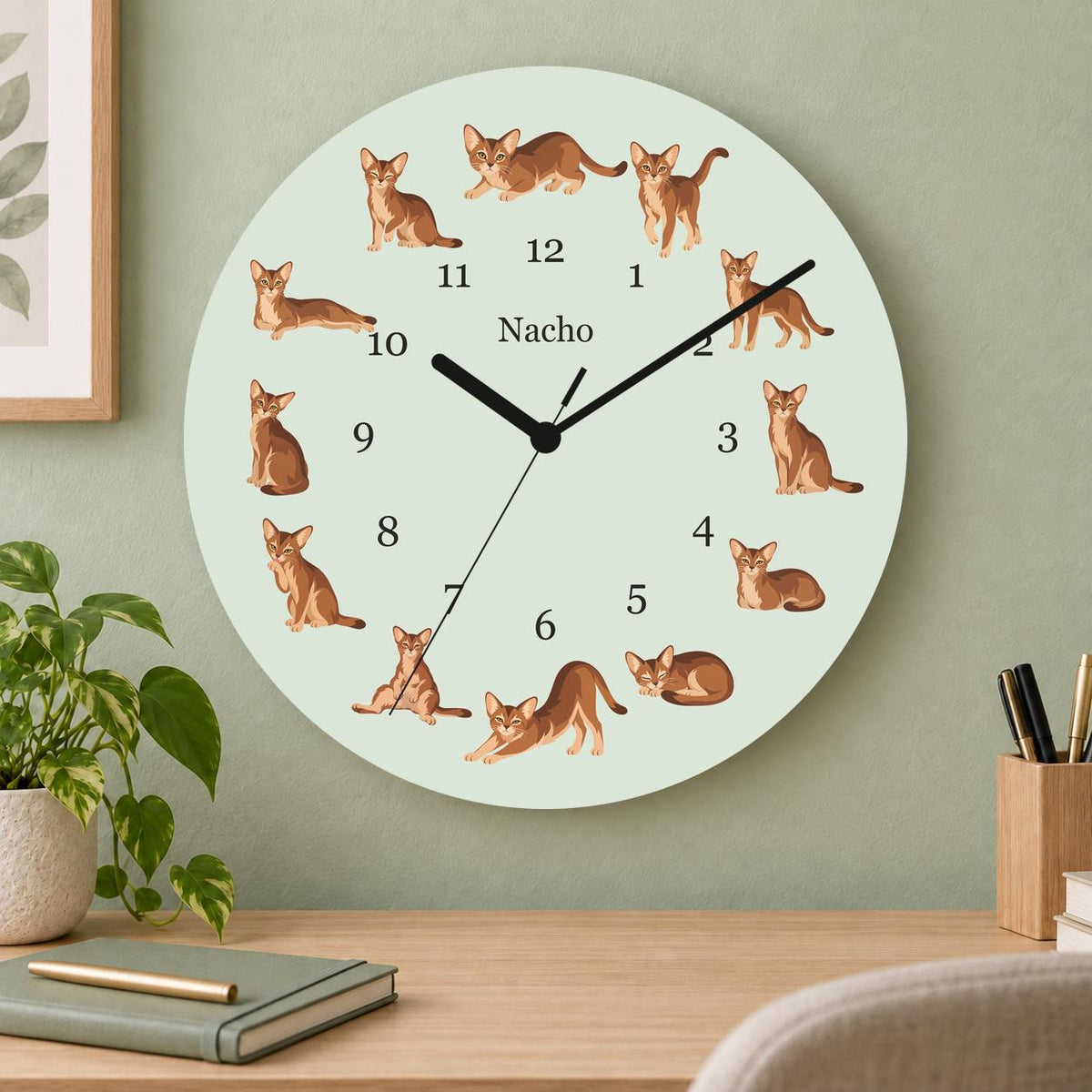 Personalized Abyssinian Cat wooden wall clock with example name Nacho; home office