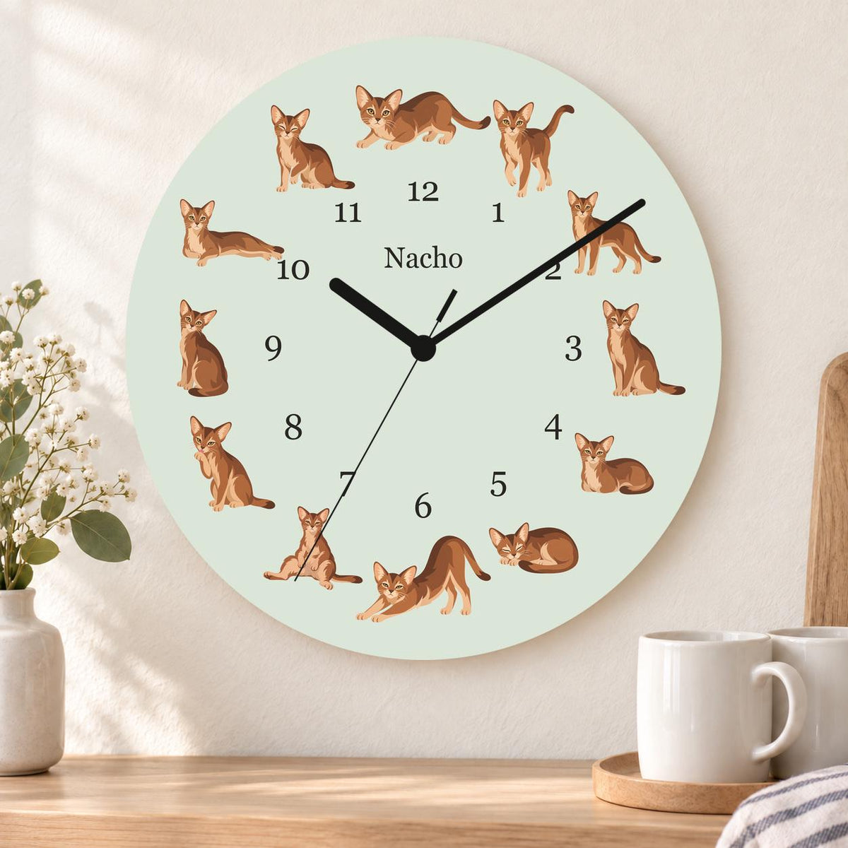 Personalized Abyssinian Cat wooden wall clock with example name Nacho; kitchen
