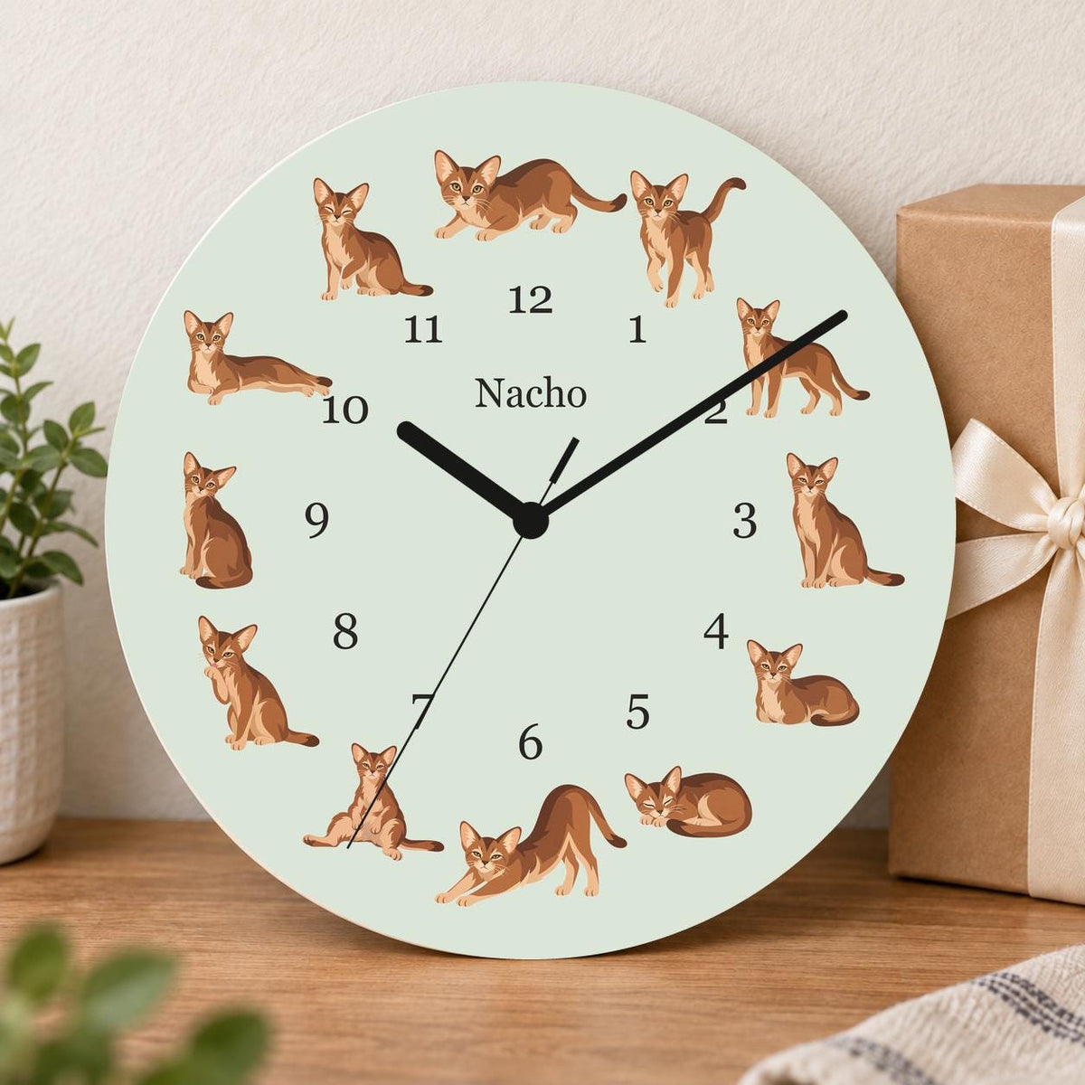 Personalized Abyssinian Cat wooden wall clock with example name Nacho; gift