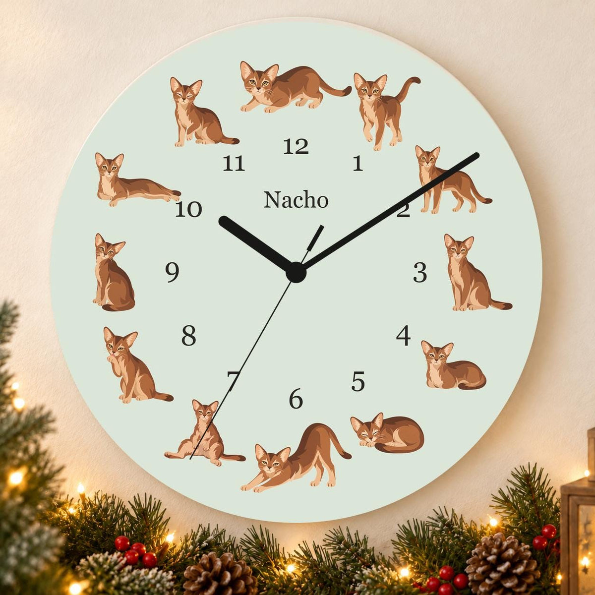 Personalized Abyssinian Cat wooden wall clock with example name Nacho; holiday