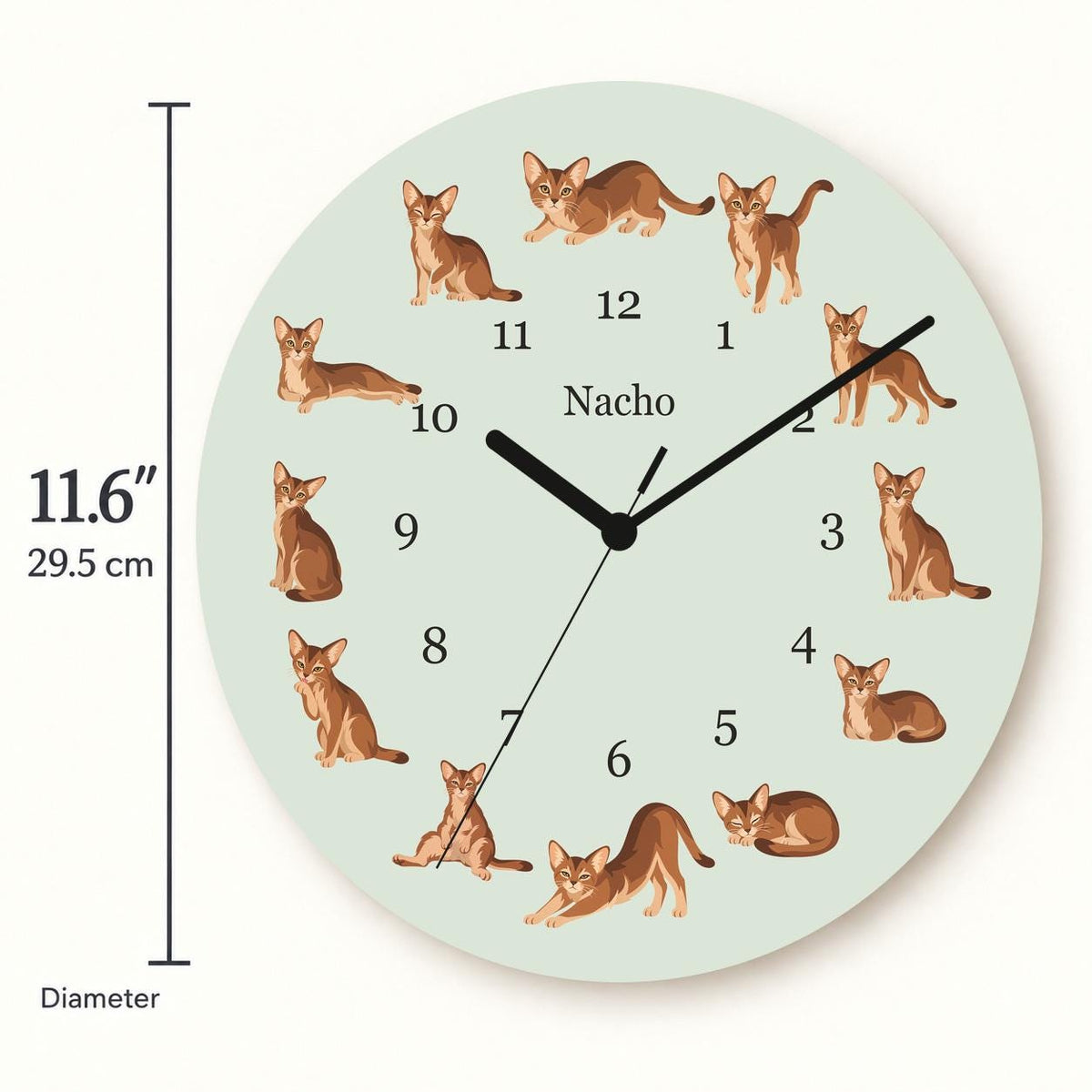 Personalized Abyssinian Cat wooden wall clock with example name Nacho; size