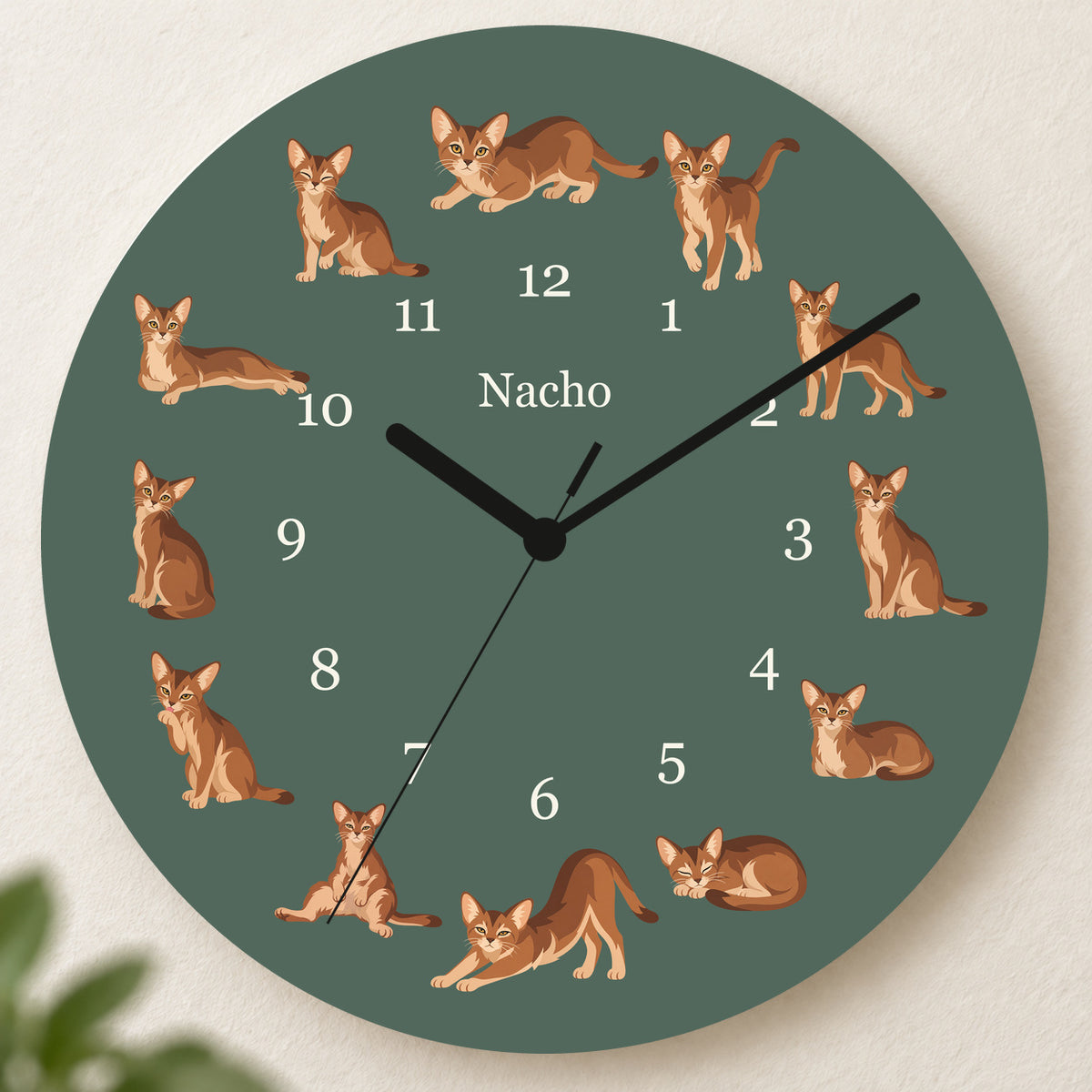 Personalized Abyssinian Cat Wall Clock, Custom Pet Name, 11.6 Inch Wooden Clock — Deep Sage background
