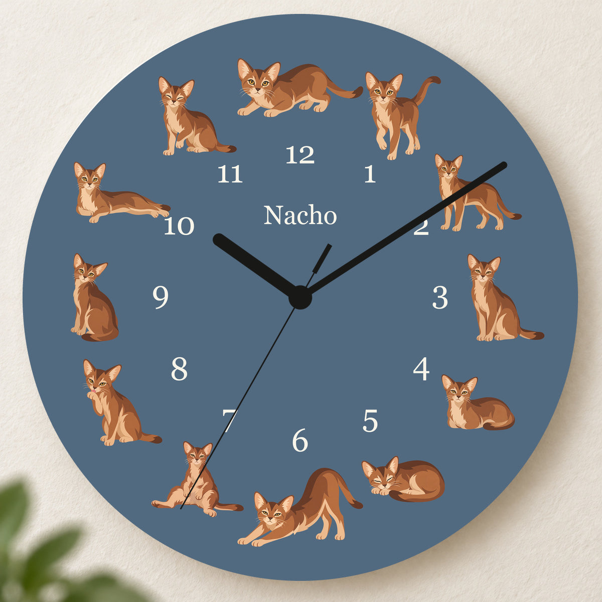 Personalized Abyssinian Cat Wall Clock, Custom Pet Name, 11.6 Inch Wooden Clock — Muted Denim background