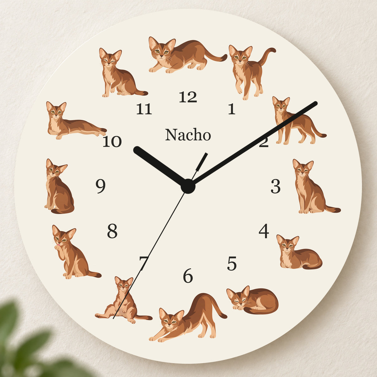 Personalized Abyssinian Cat Wall Clock, Custom Pet Name, 11.6 Inch Wooden Clock — Warm Ivory background