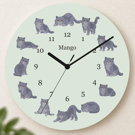 Personalized British Shorthair Cat wooden wall clock with example name Mango; hero