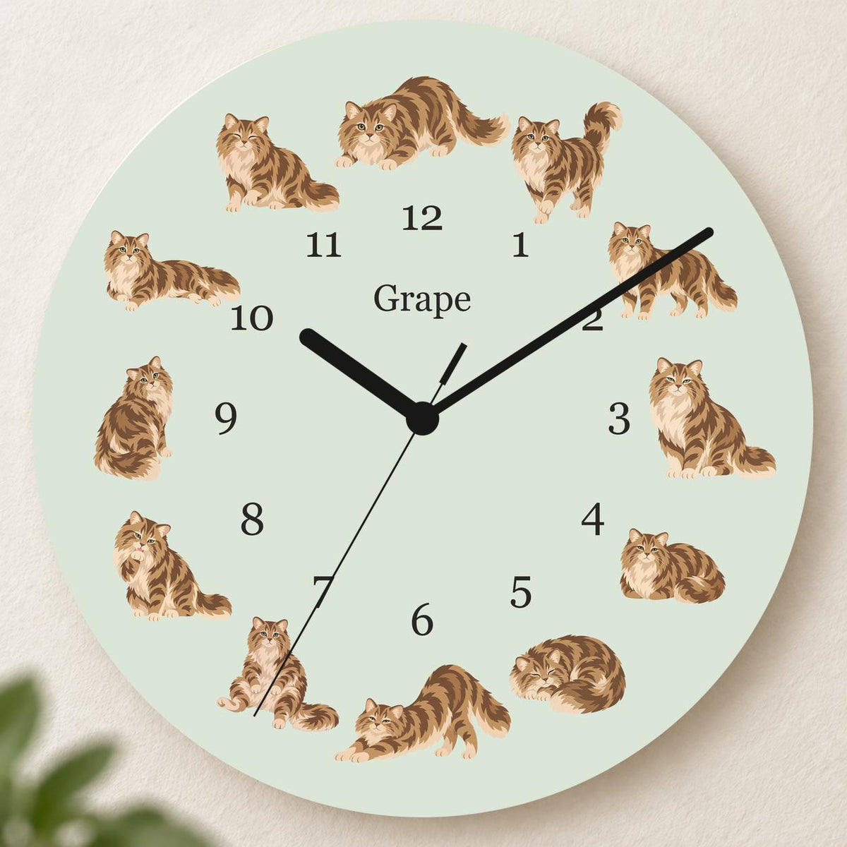 Personalized Siberian Cat wooden wall clock with example name Grape; hero