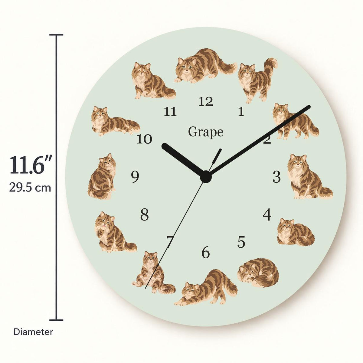 Personalized Siberian Cat wooden wall clock with example name Grape; size