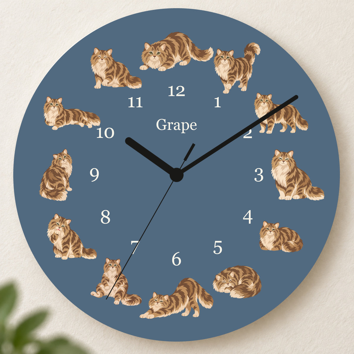 Personalized Siberian Cat Wall Clock, Custom Pet Name, 11.6 Inch Wooden Clock — Muted Denim background