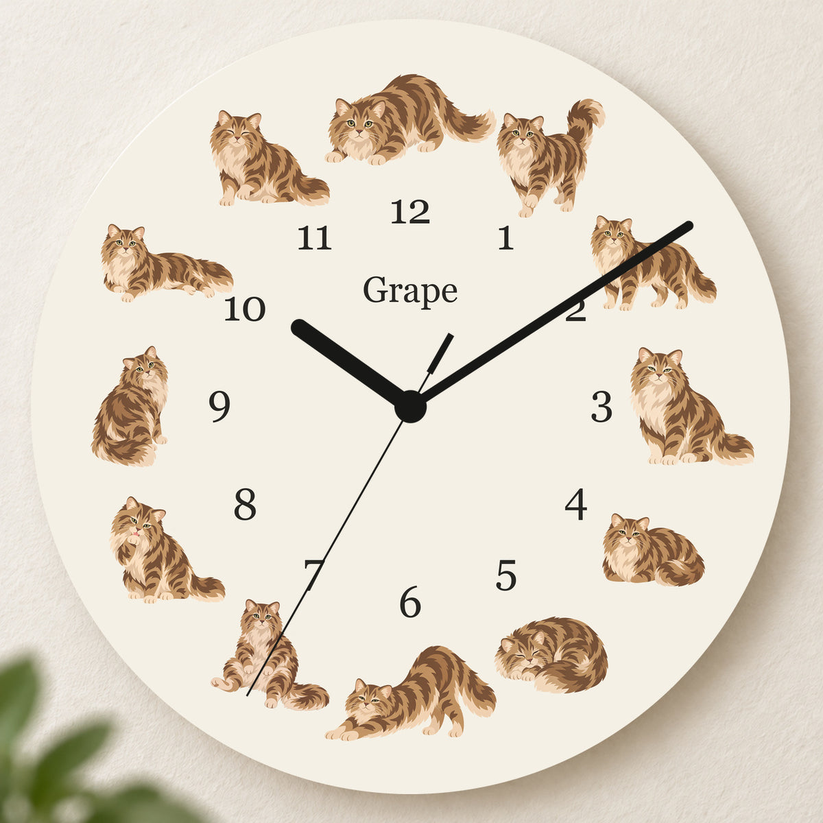 Personalized Siberian Cat Wall Clock, Custom Pet Name, 11.6 Inch Wooden Clock — Warm Ivory background