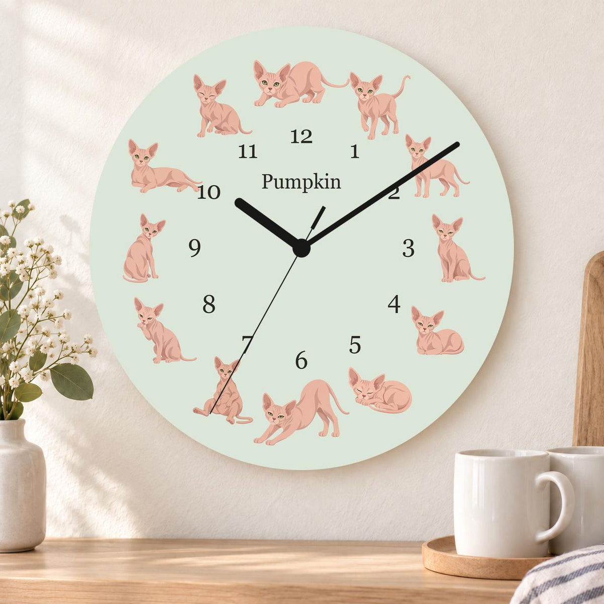 Personalized Sphynx Cat wooden wall clock with example name Pumpkin; kitchen