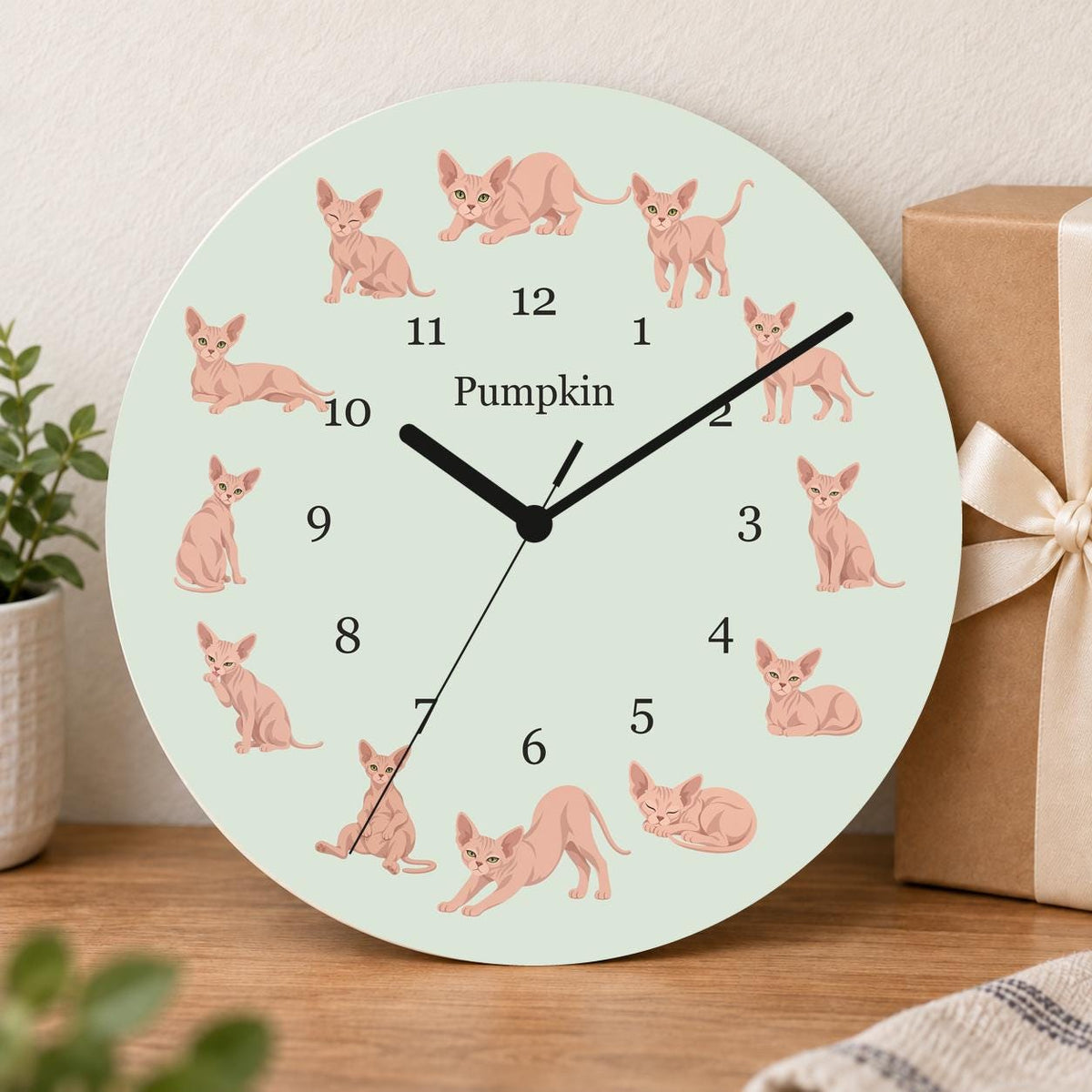 Personalized Sphynx Cat wooden wall clock with example name Pumpkin; gift