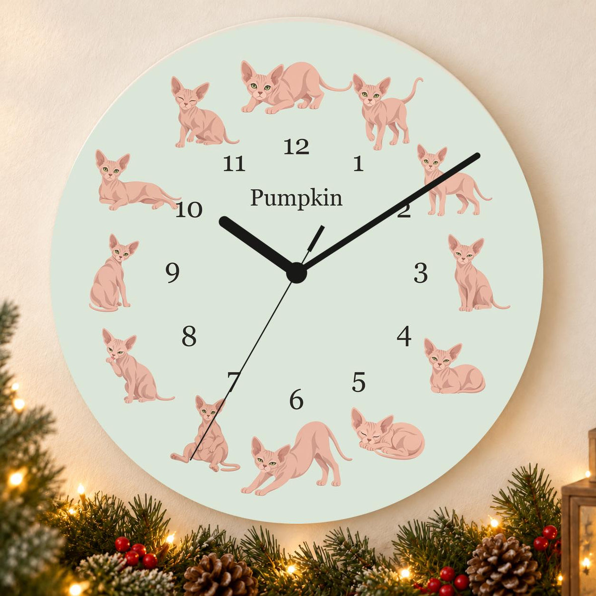 Personalized Sphynx Cat wooden wall clock with example name Pumpkin; holiday