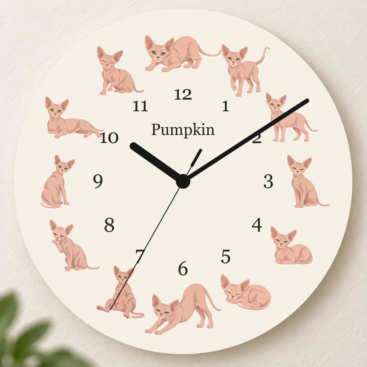 Personalized Sphynx Cat Wall Clock, Custom Pet Name, 11.6 Inch Wooden Clock — Warm Ivory background