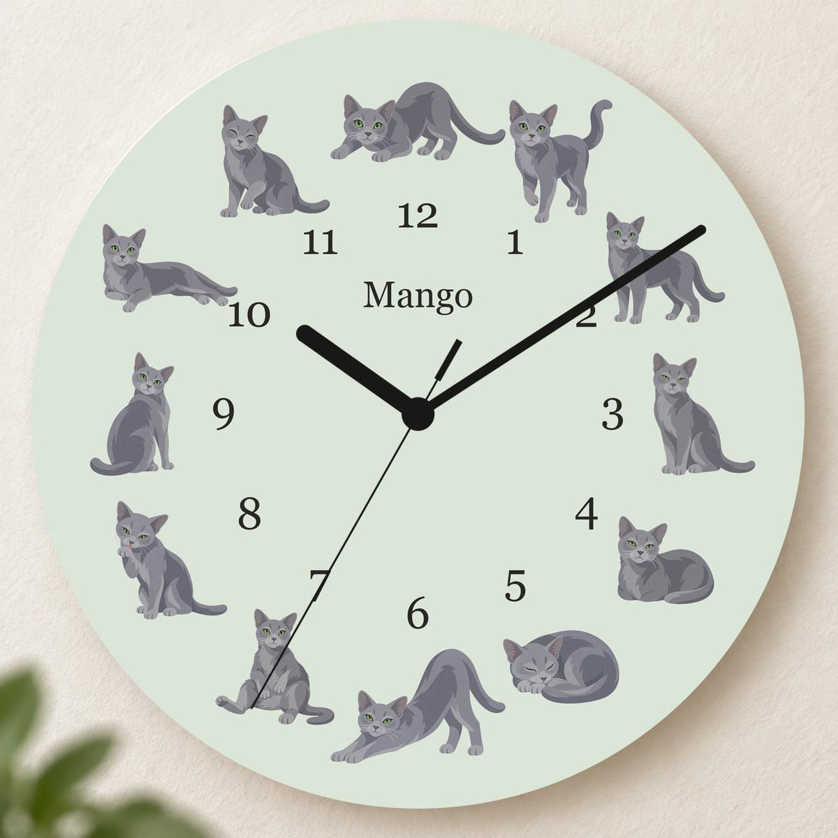 Personalized Russian Blue Cat wooden wall clock with example name Mango; hero