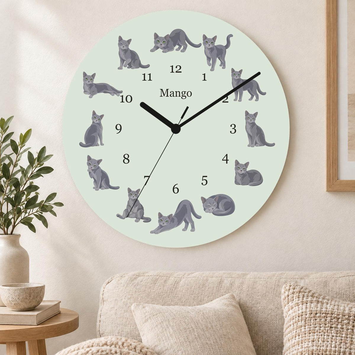 Personalized Russian Blue Cat wooden wall clock with example name Mango; living room