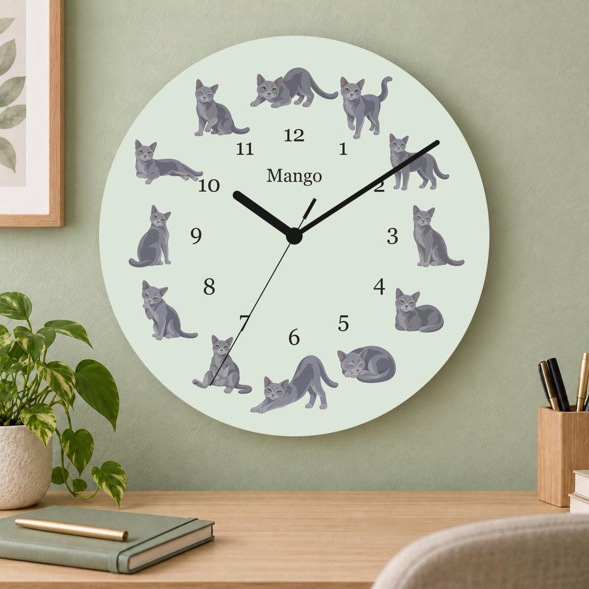Personalized Russian Blue Cat wooden wall clock with example name Mango; home office