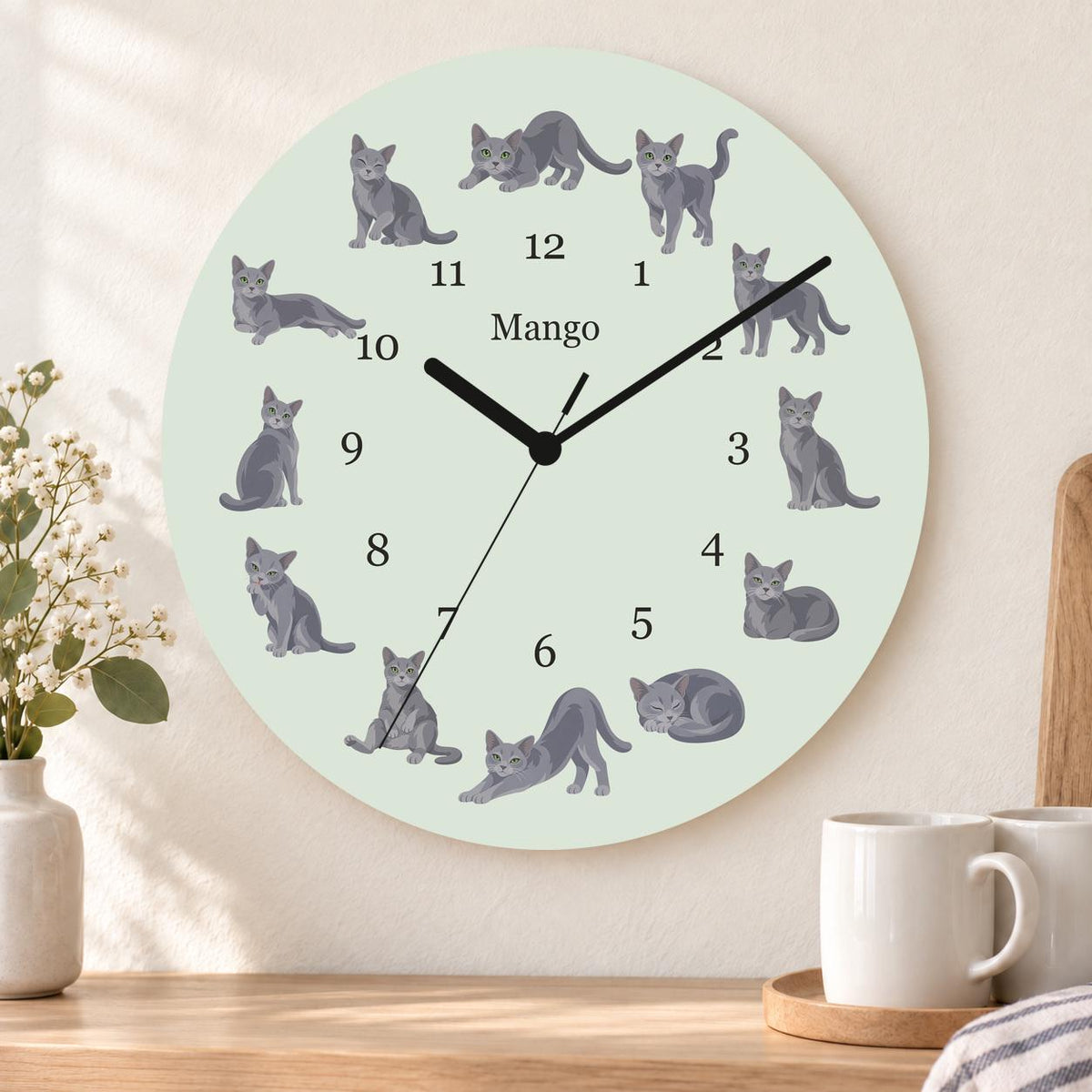 Personalized Russian Blue Cat wooden wall clock with example name Mango; kitchen