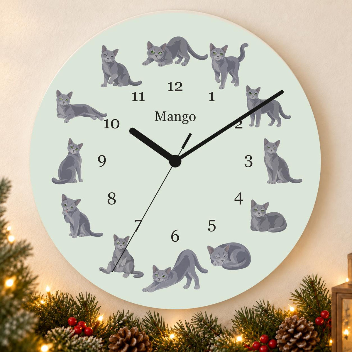 Personalized Russian Blue Cat wooden wall clock with example name Mango; holiday